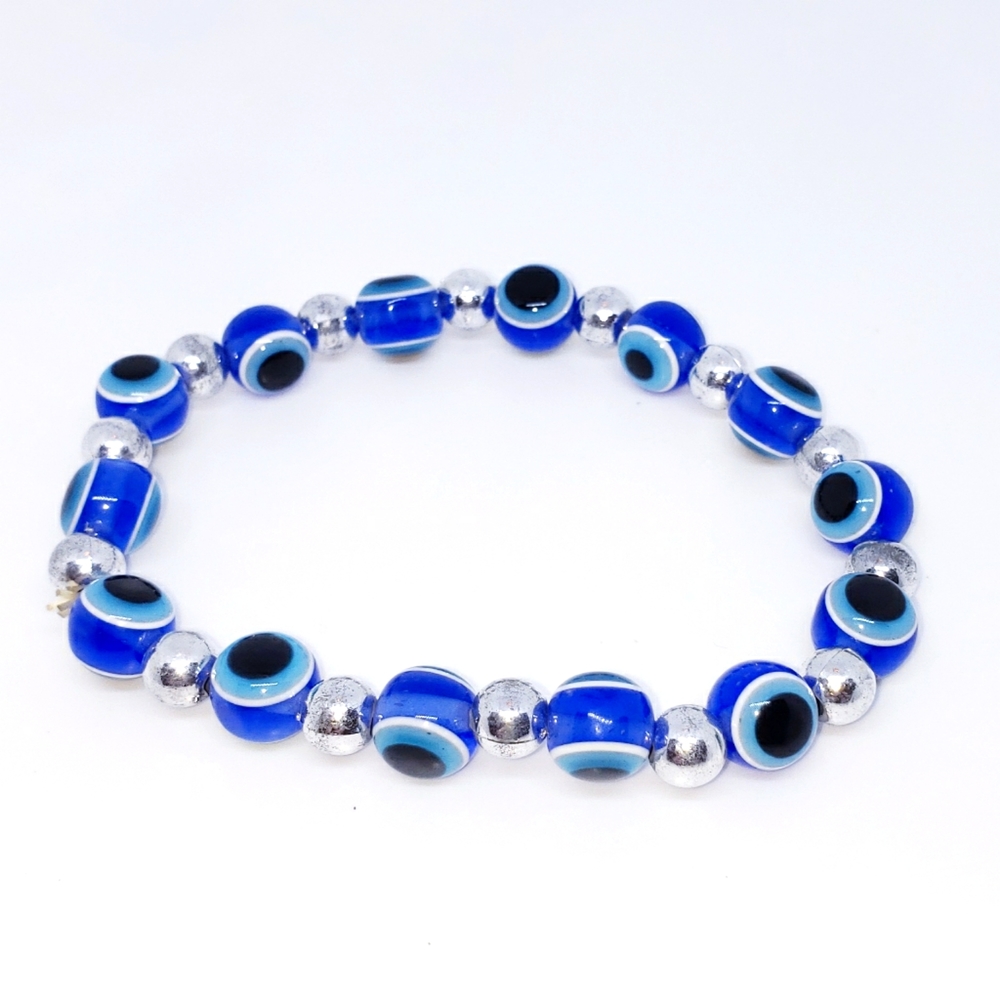 Glass Beaded Evil Eye & Silver Tone Stretch Bracelet 3"